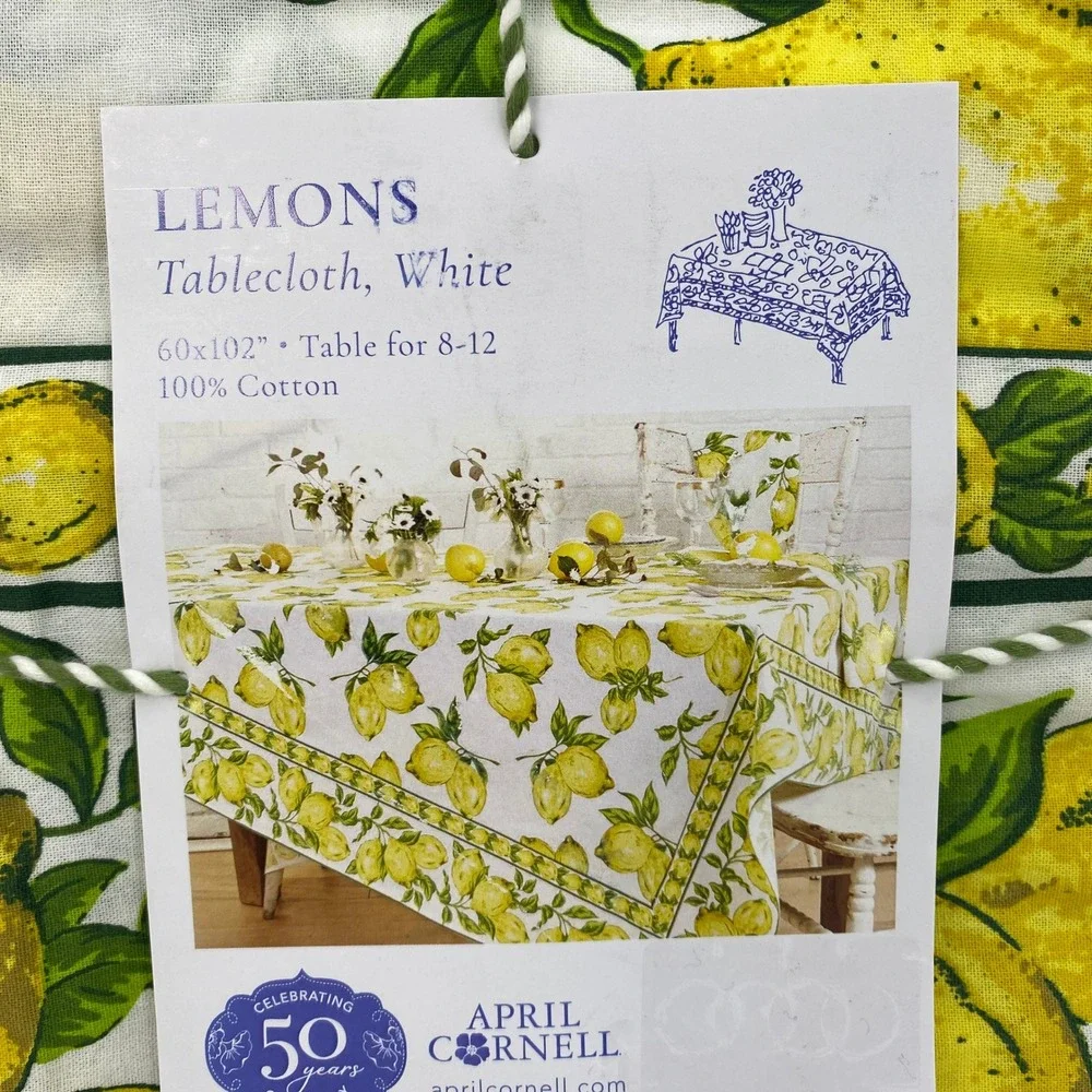 April Cornell Tablecloth 60x102 Lemon White Yellow Cotton Citrus Fruit Print